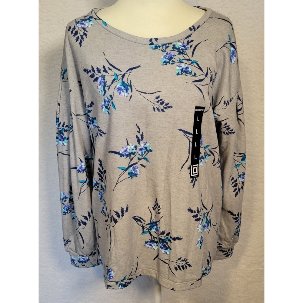 Liz Claiborne Sweatshirt Size‎ Large New NWT Gray Blue Women's Floral Print 0910